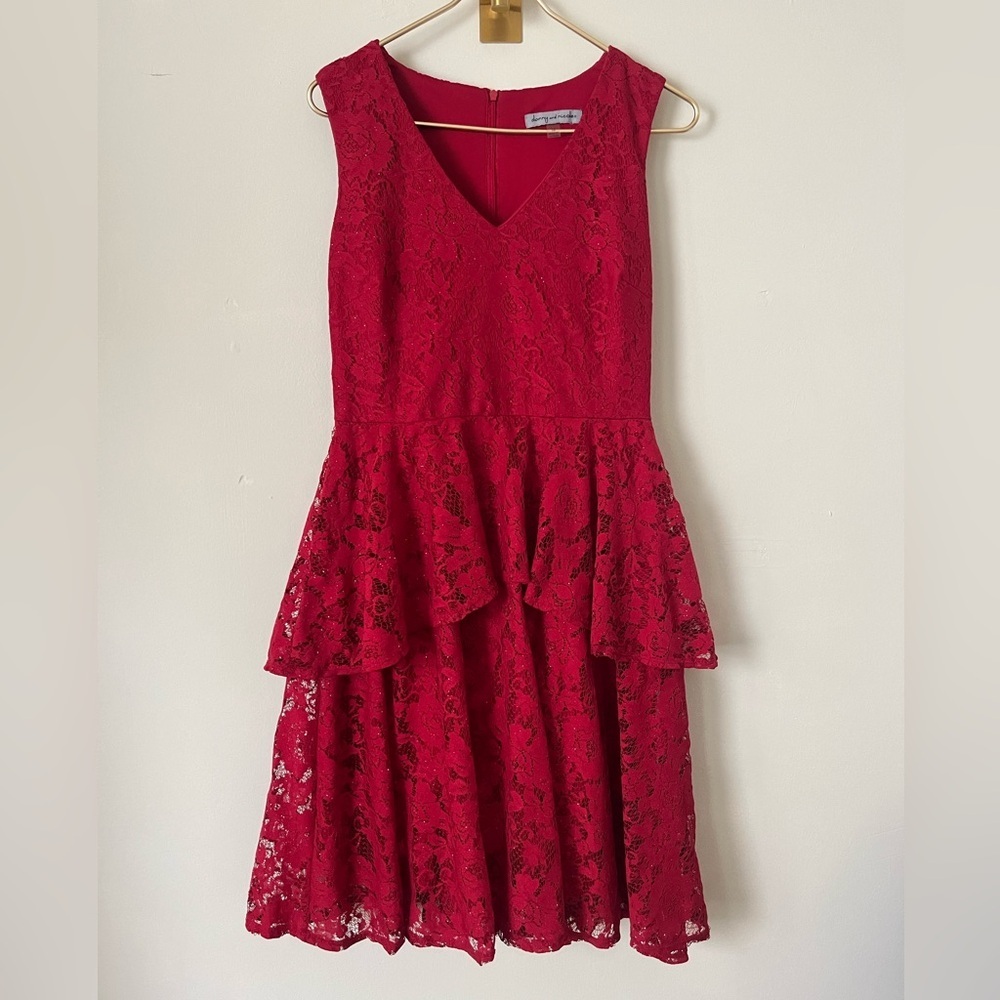 Danny & Nicole Romantic red Floral Lace Midi Dress with glitter size 10